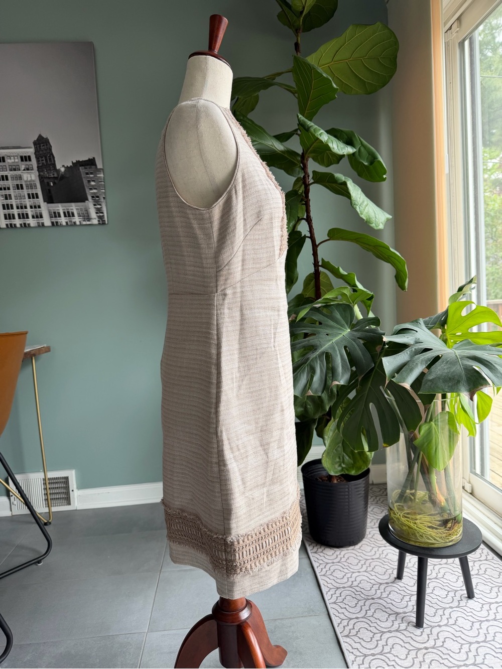 WHBM Neutral Linen Blend Tan Sheath Dress with fringe crochet lace details 4 - Picture 9 of 15